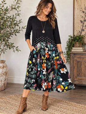 Shana Black Floral Polka Dot Mixed Print Lagenlook Midi Dress M